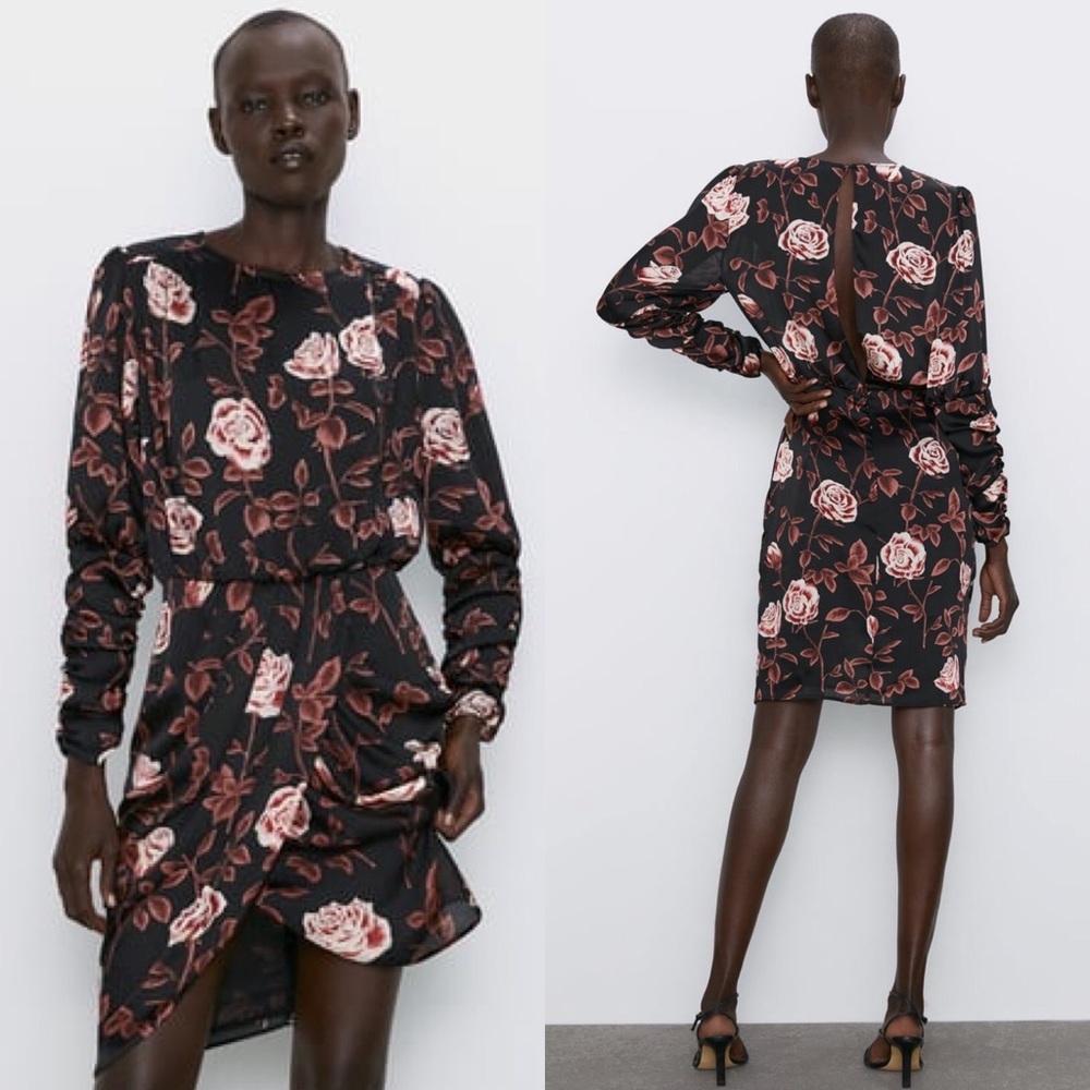 Zara Printed Roses Mini Dress w/ Ruched Long Sleeves Asymmetric Hem NWT.